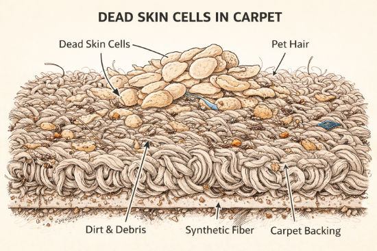 technical drawing of dead skin cells and other items trapped in dirty carpet fibers