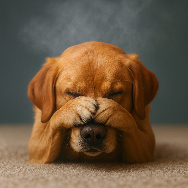 dog covers his face as a fragrance lingers in the air