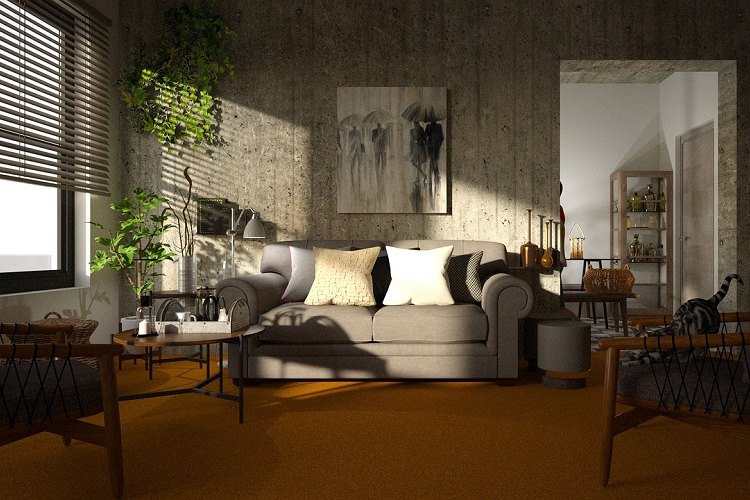 Residential living room with outdated dark orange shag carpeting