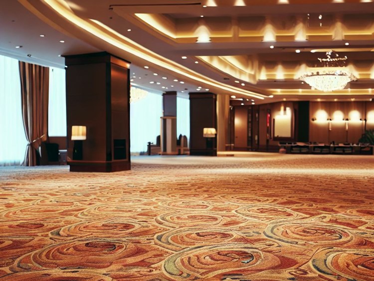 Large hotel lobby with chandeleir and red patterned carpeting