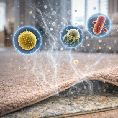Illustration of allergens rising from carpet into indoor air