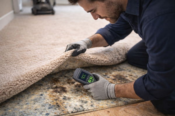 Technician lifting carpet to inspect padding for moisture