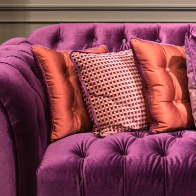 Delicate velvet and natural fiber upholstery