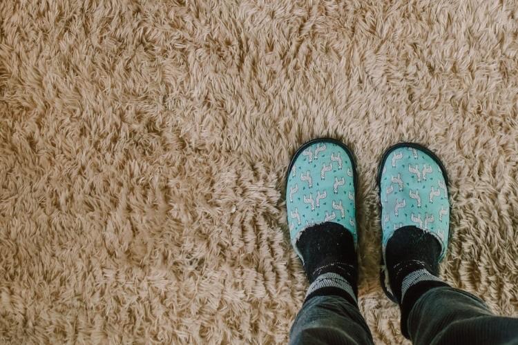 Feet in blue slippers standing on beige shag carpeting