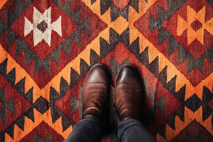 Person standing on oriental rug in jeans and brown leather shoes