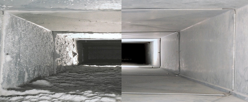 Interior view of aluminum air duct, split into clean and dirty halves to show difference before and after vent cleaning