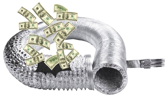 Illustration of aluminum air duct tubing with cash blowing away against white background