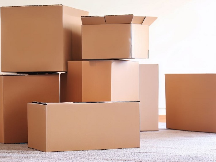 Cardboard moving boxes stacked in carpeted room