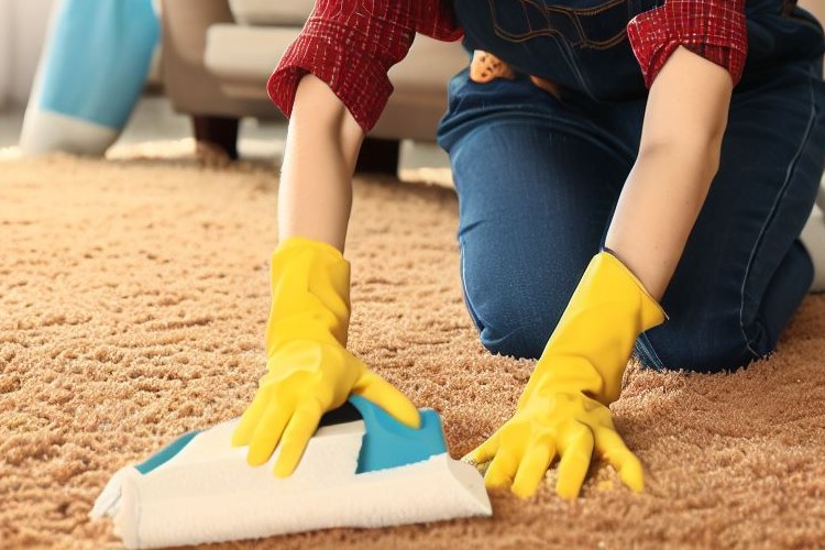 Woman in yellow rubber gloves scrubbing brown carpeting