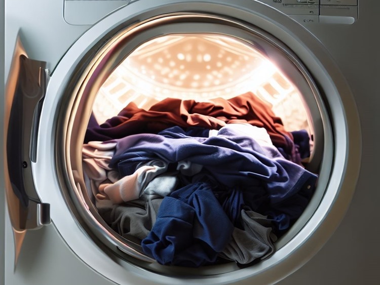 Clothing in white front-loading clothes dryer