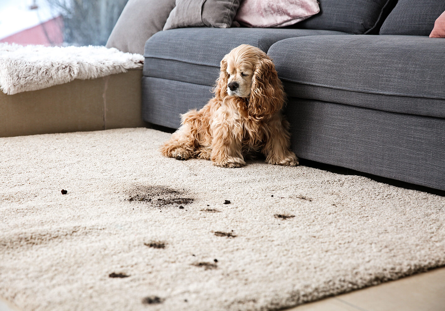 White dog with muddy paws on dirty carpeting