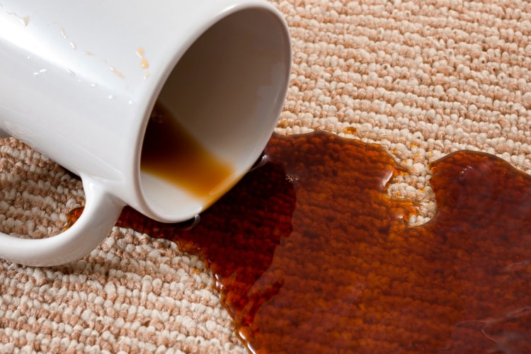 Overturned white coffee cup and spilled coffee on beige carpeting