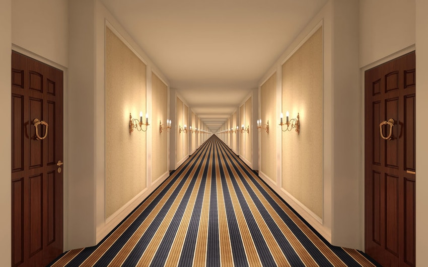 Hallway of hotel with professionally cleaned carpeting