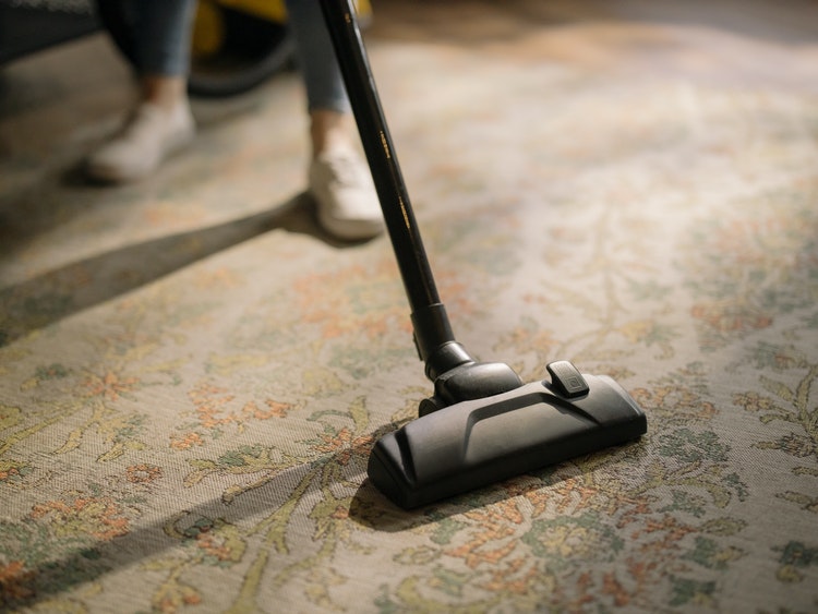 Homeowner using miniature vacuum to clean area rug