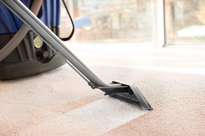 Steam cleaning beige living room carpeting